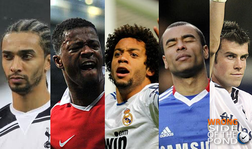 benoit assou-ekotto of tottenham, patrice evra of manchester united, marcelo of real madrid, ashley cole of chelsea, gareth bale of tottenham