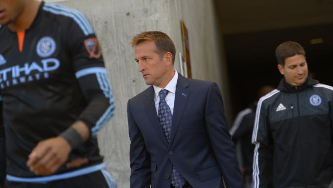 New York City FC coach and former Real Salt Lake player Jason Kreis takes the field before the team's MLS soccer game against Real Salt Lake, Saturday, May 23, 2015, in Sandy, Utah. (Leah Hogsten/The Salt Lake Tribune via AP)